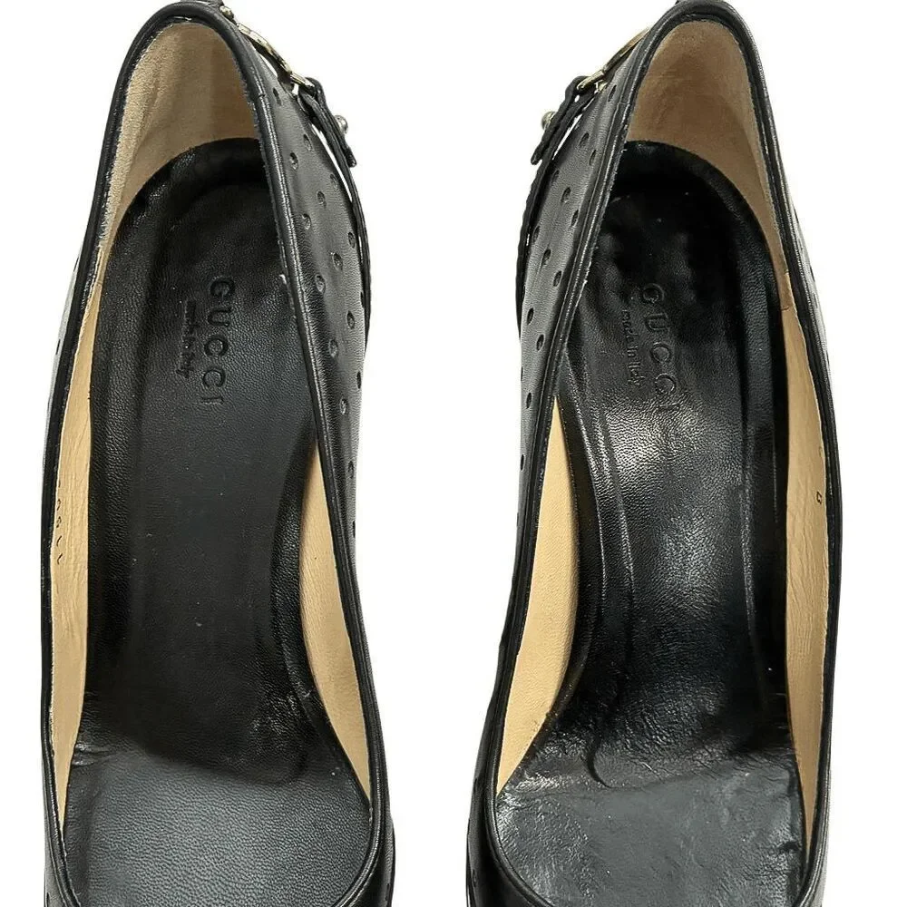 Gucci Interlocking G Black Leather Perforated Pumps Size 6 Womens High Heels - Picture 4 of 13